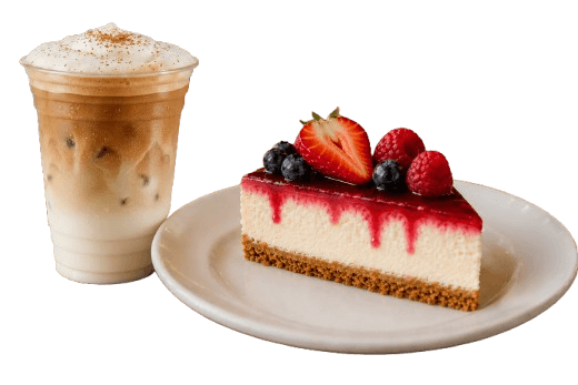 Iced Latte Vanilla y Cheesecake de Frutos Rojos